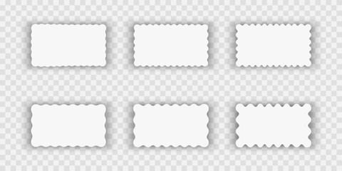 Plakat Set or rectangular shapes with squiggly borders and shadows. Tags, cards, labels or coupons templates with scalloped edges and shades isolated on white background. Vector realistic illustration.