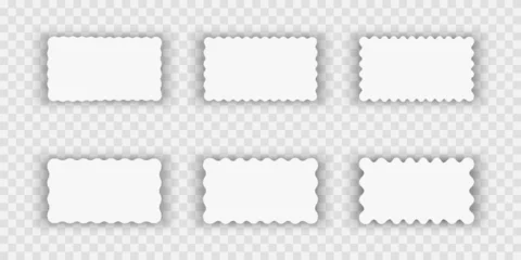 Fotobehang Set or rectangular shapes with squiggly borders and shadows. Tags, cards, labels or coupons templates with scalloped edges and shades isolated on white background. Vector realistic illustration. © vikusha_art
