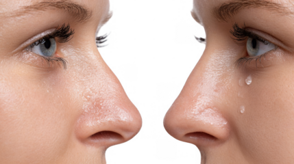 Close up of a woman's face displaying a runny nose and tears flowing down her cheek, highlighting the physical signs of sadness and distress against a transparent background