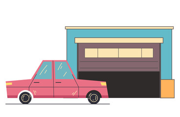 Car drives into garage design element isolated concept. Vector flat graphic design illustration