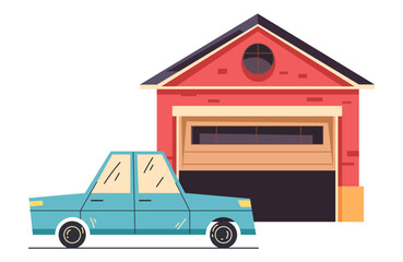 Car drives into garage design element isolated concept. Vector flat graphic design illustration