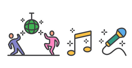 Dance music party line art outline isolated set. Vector flat graphic design illustration
