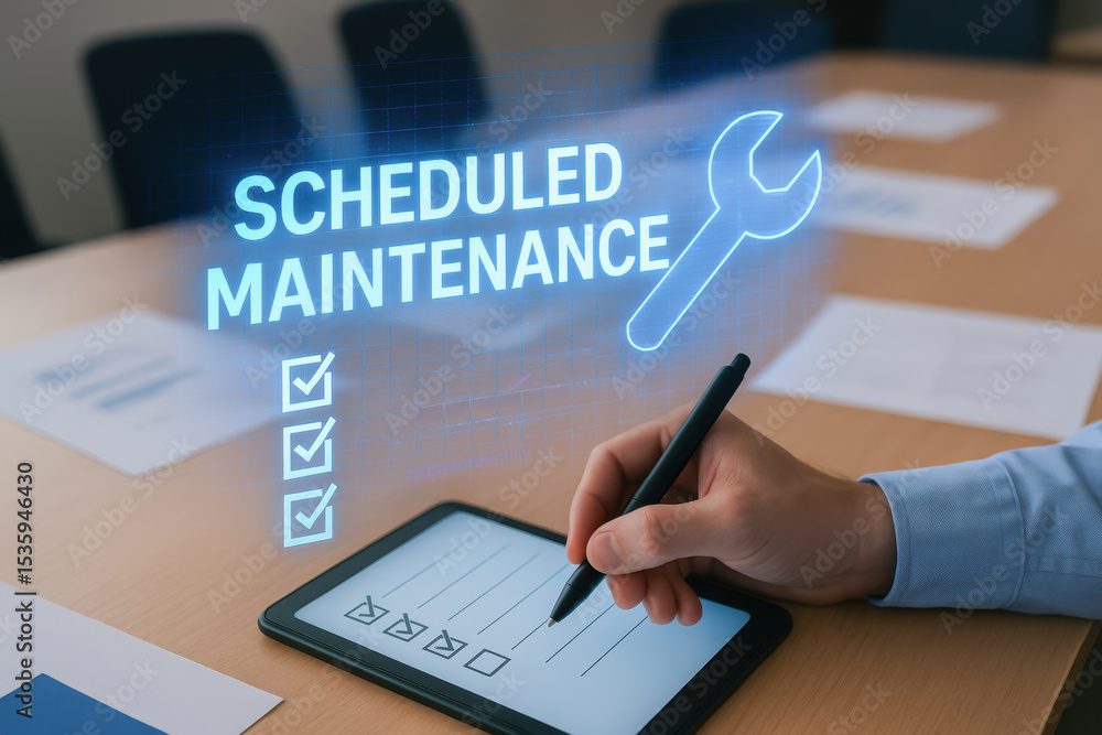 Poster scheduled maintenance concept with predictive maintenance engineer checking tasks on digital tablet 