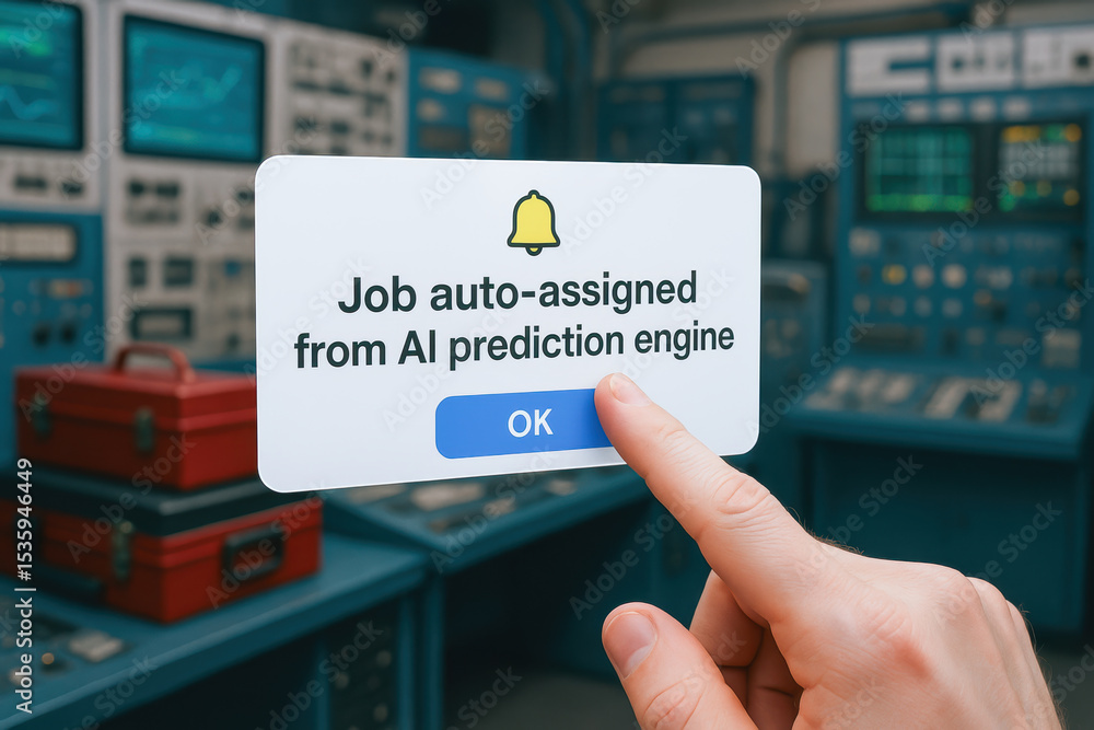 Poster predictive maintenance engineer interacts with ai technology to auto assign jobs efficiently in cont