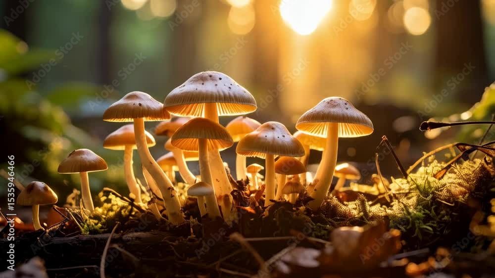 Poster illuminated mushroom cluster in a dark forest at golden hour, creating a warm and enchanting woodlan