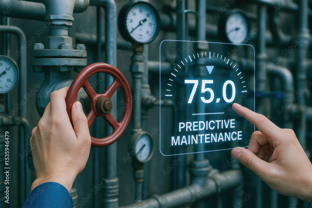 Poster predictive maintenance engineer operates industrial valve with pressure gauges monitoring system per