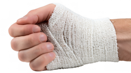 Medical professional wrapping a gauze bandage around a wounded hand, providing support and protection on a transparent background for healthcare projects