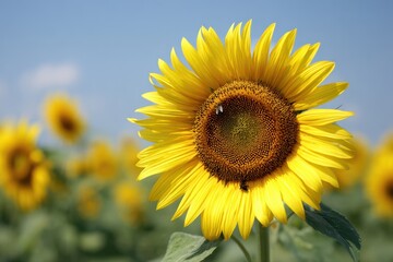 A vibrant sunflower field under a blue summer sky. Bright yellow flowers stand out against the clear, sunny backdrop.