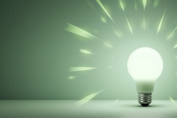 Light bulb glowing against a green background with rays of light  
