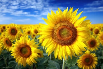 Fototapeta premium A vibrant sunflower field set under a clear blue summer sky. Several sunflowers are in full bloom, creating a picturesque scene.