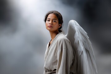 Young woman with angel wings standing against a misty background at dusk