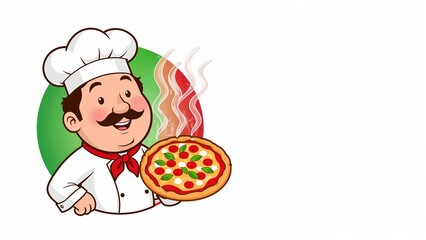 Cheerful cartoon chef holding fresh pizza