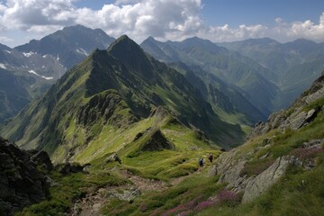 Fototapeta premium Young athletes hiking a mountain trail with backpacks. Scenic view of mountains and trees in the background.