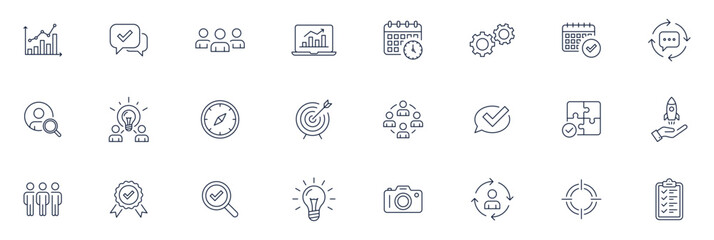 Set of thin line business and management icons including analytics, planning, growth, innovation, teamwork, target, idea, calendar, strategy, productivity icons in editable stroke. for presentations