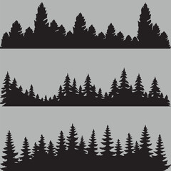 Set of three black silhouettes depicting a dense conifer forest or woodland. These seamless tree line designs are perfect for conveying themes of nature, wilderness, camping, hiking, and outdoor adven