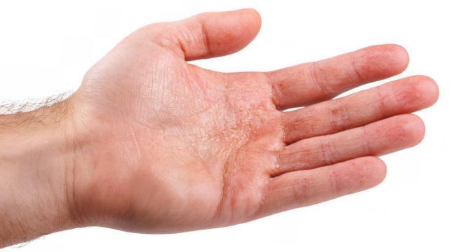 Open hand demonstrating blisters and dry skin on palm, potentially indicating a skin condition, isolated on a transparent background, ideal for medical or healthcare related projects
