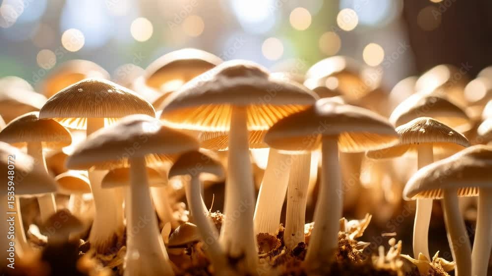 Poster close-up of cluster of illuminated mushrooms with white stems and light brown caps growing in the fo