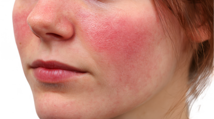 Red rash on woman's face, indicating possible fever, sunburn, allergy, or other skin condition, isolated on transparent background, useful for health and beauty concepts