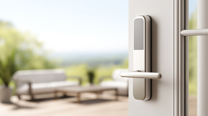 Modern electronic door lock installed on a glass door, with a view of a sunny patio, representing smart home security, digital access, and contemporary living