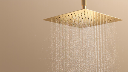 Modern square rainfall shower head with flowing water and a golden metallic finish, representing luxury bathroom fixtures, spa relaxation, and contemporary interior design