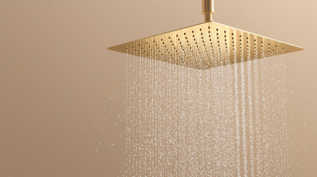 Modern square rainfall shower head with flowing water and a golden metallic finish, representing luxury bathroom fixtures, spa relaxation, and contemporary interior design