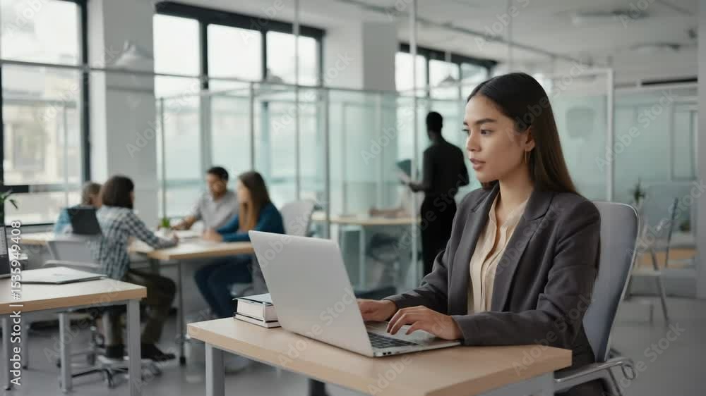 Aufkleber a productive office scene with employees efficiently working at modern standing desks typing on lapt