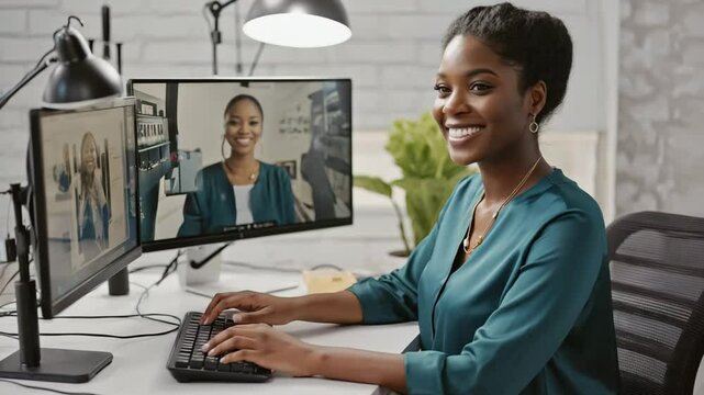 A cheerful customer support representative assists clients via video call from a bright ergonomic home office setup. Warm lighting and plants create a welcoming professional atmosphere. in  Photo Stoc