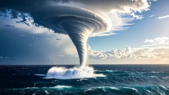 Powerful tornado touching down into the ocean, turbulent sky with dramatic clouds, swirling waters, ominous weather phenomenon, coastal hazards, seascape.