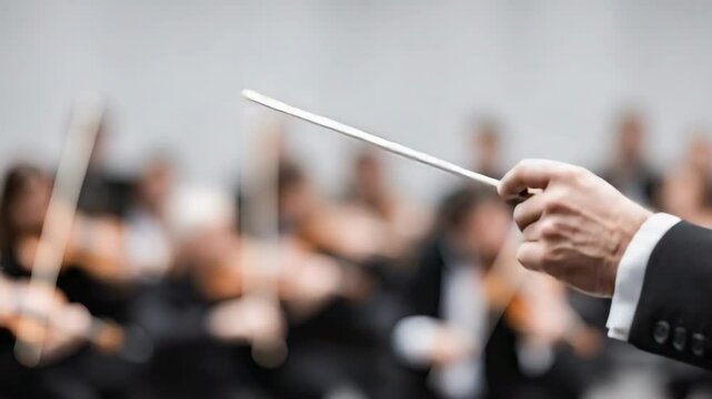 Conductor hand with baton directing orchestra music in focused moment