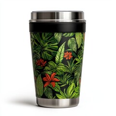 Stainless Steel Travel Mug with Tropical Leaf and Flower Design
