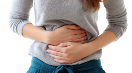 Woman suffering from abdominal pain, holding her belly with both hands, isolated on transparent background, depicting menstrual cramps or other digestive issues