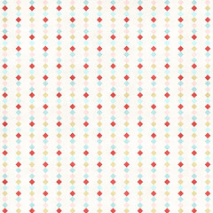 Playful seamless pattern with vertical rows of small colorful diamonds in red, yellow, and blue on a white background. Bright retro geometric design ideal for fabric, wrapping paper, and stationery.
