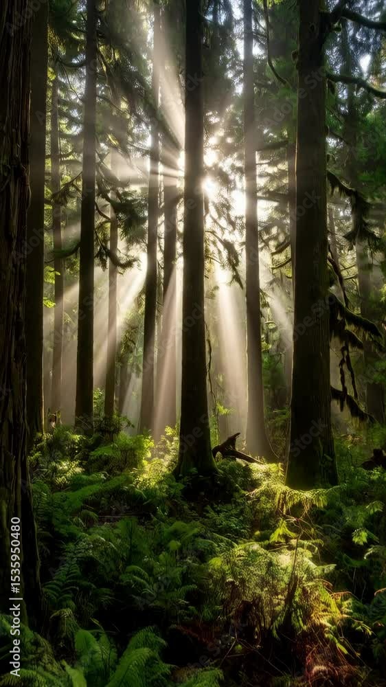 Poster sunlight piercing through tall trees illuminating forest floor with ferns and moss creating a serene