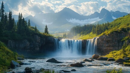 Fototapeta premium Majestic waterfall cascading between lush green cliffs against distant mountains