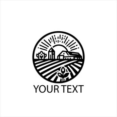 Vector Logo of Farm Landscape with Sunrise and Crops &ndash; Black Line Art Isolated on White Background