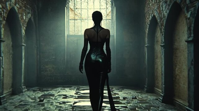 Fantasy gothic woman in elegant black dress and gloves walking away from camera in dark mysterious corridor with arches and bright window at its end