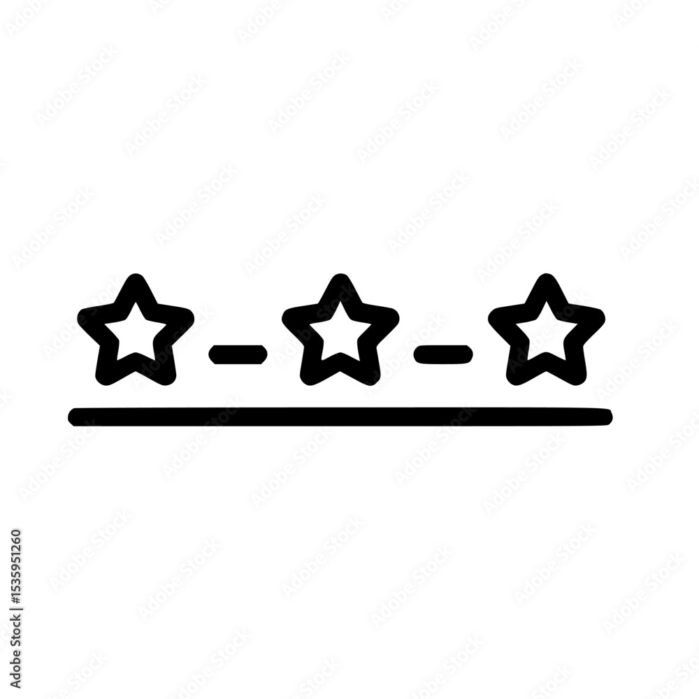 Poster three stars rating system, simple icon design, horizontal alignment, dashed lines.