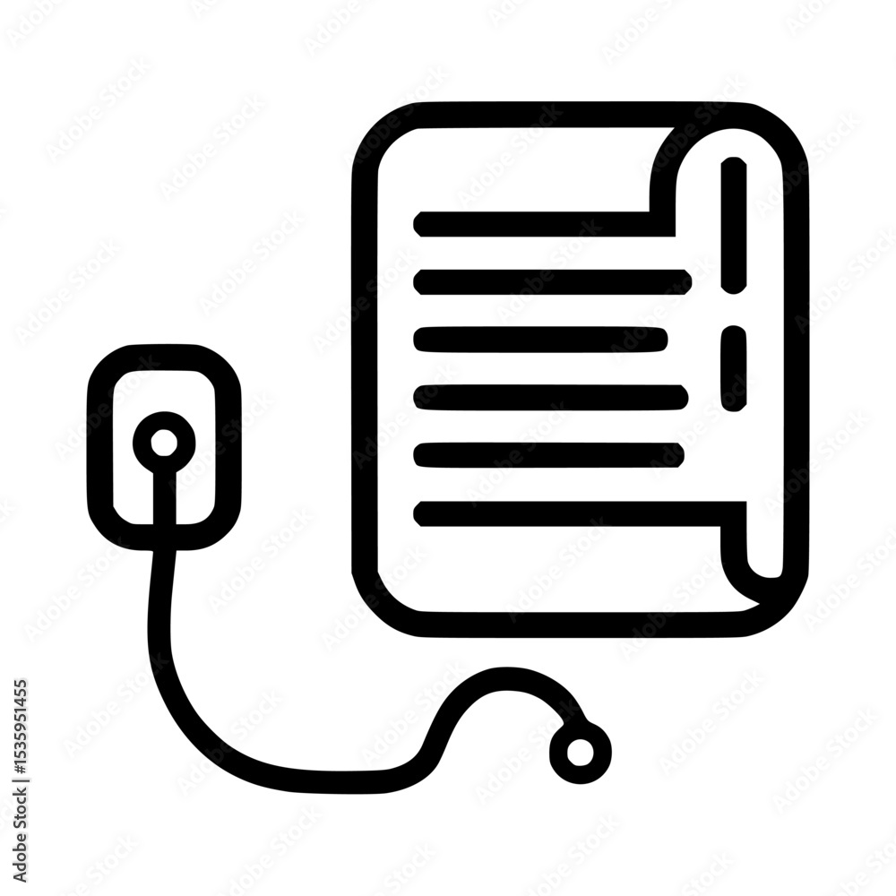 Poster a minimalist line drawing of a document with curled edges connected to a small device by a cable.