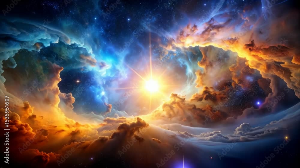 Poster Dramatic cosmic scene featuring ethereal clouds illuminated by a vibrant sunburst with a nebula effect, creating an otherworldly atmosphere