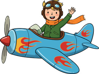 Child pilot flying blue airplane with flame decals waving hand vector illustration 
