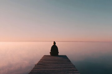 A person sitting in meditation by a serene lakeside. Peaceful atmosphere with water and natural surroundings in the background.