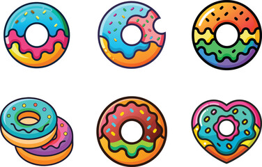 Donut Icon Set | Colorful Flat Vector Dessert Icons with Black Outline for Café and Bakery