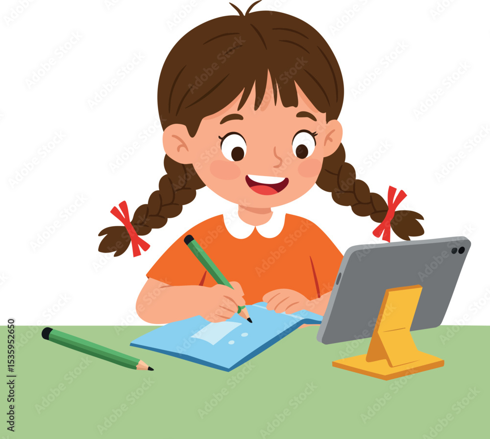 Poster girl doing homework with tablet and notebook at desk in learning environment vector illustration