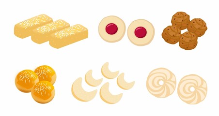 A collection of vibrant traditional Southeast Asian cakes illustrations, featuring various textures and sweet delights.