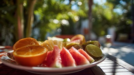 Fresh tropical fruit plate on outdoor table. Sunlit brunch