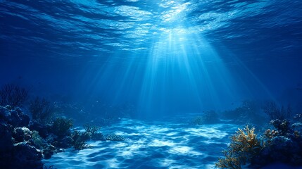 Fototapeta premium Stunning Underwater Scene Peaceful Ocean Deep Blue Seabed Sunlight Rays Coral Reef Tranquil Aquatic Nature Vibrant Marine Life Underwater World Beautiful Serenity Picturesque 