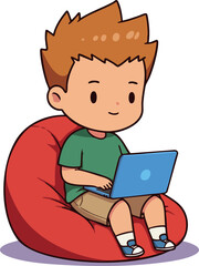 Boy sitting on red bean bag using laptop casual lifestyle illustration vector 