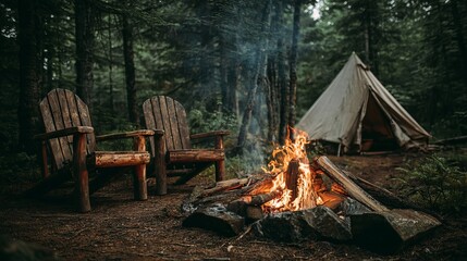 Cozy Campfire Scene in Rustic Forest Setting with Two Wooden Adirondack Chairs near a Camp Tent under Tall Evergreen Trees at Night dark warm wild woods light smoke image photo