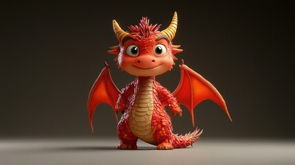 Cute, stylized red dragon with orange horns & wings stands with a friendly expression