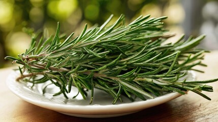 Fresh rosemary sprigs with aromatic needles arranged on a white ceramic dish